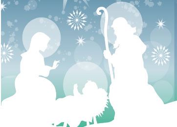 Białe postacie Świętej Rodziny w aureolach, na szaro-niebieskim tle z rozbłyskującymi gwiazdami. Maryja i Święty Józef klęczą przy leżącym na sianie Dzieciątku Jezus.